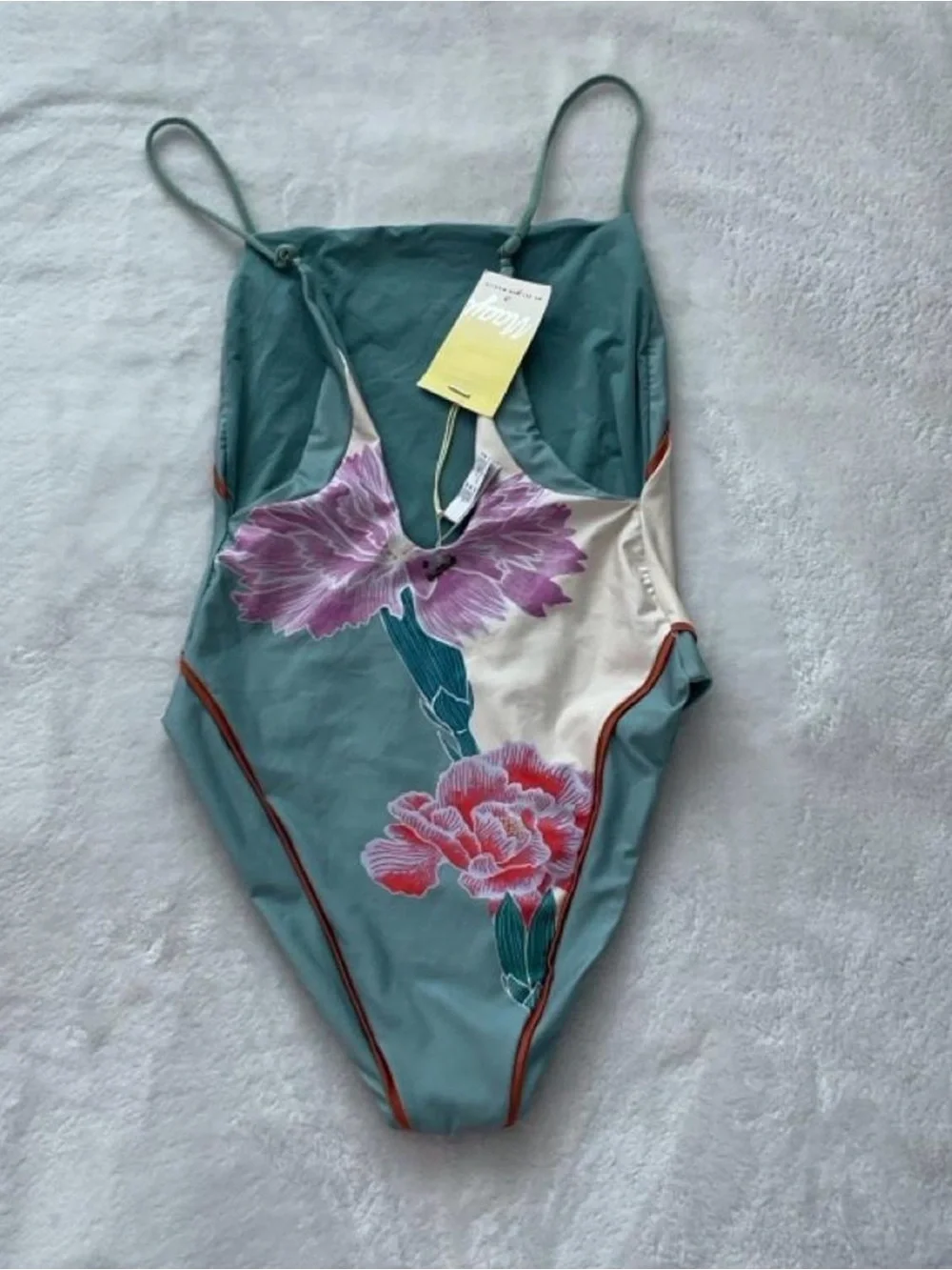 Maaji Sage Green One-Piece Swimsuit with Cream Panel and Pink & Purple Floral